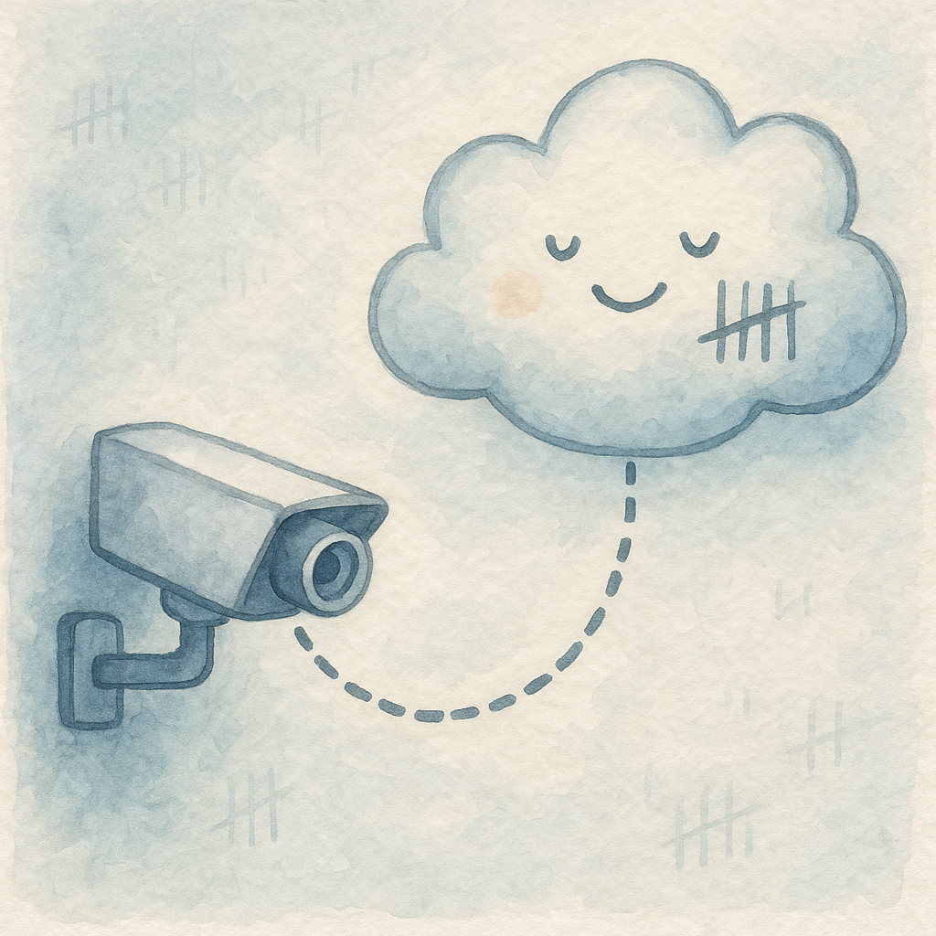 Watercolor of a camera sending snapshots to a cloud that returns a tally