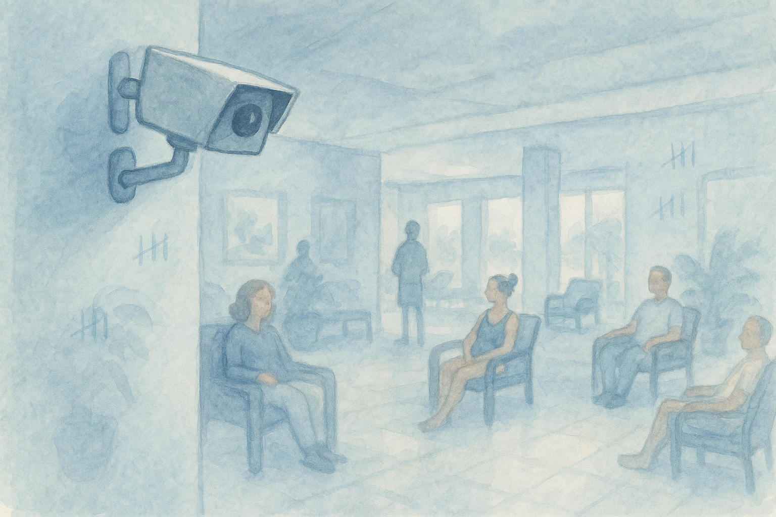 Watercolor illustration of a camera gently watching people in a bright lobby