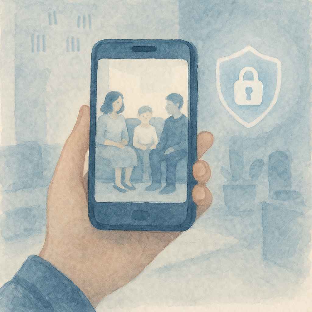Watercolor of a phone counting people privately, with a lock