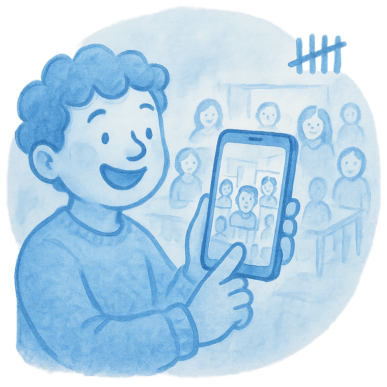 Watercolor of a person photographing a room while the phone draws a box around each person and shows a headcount