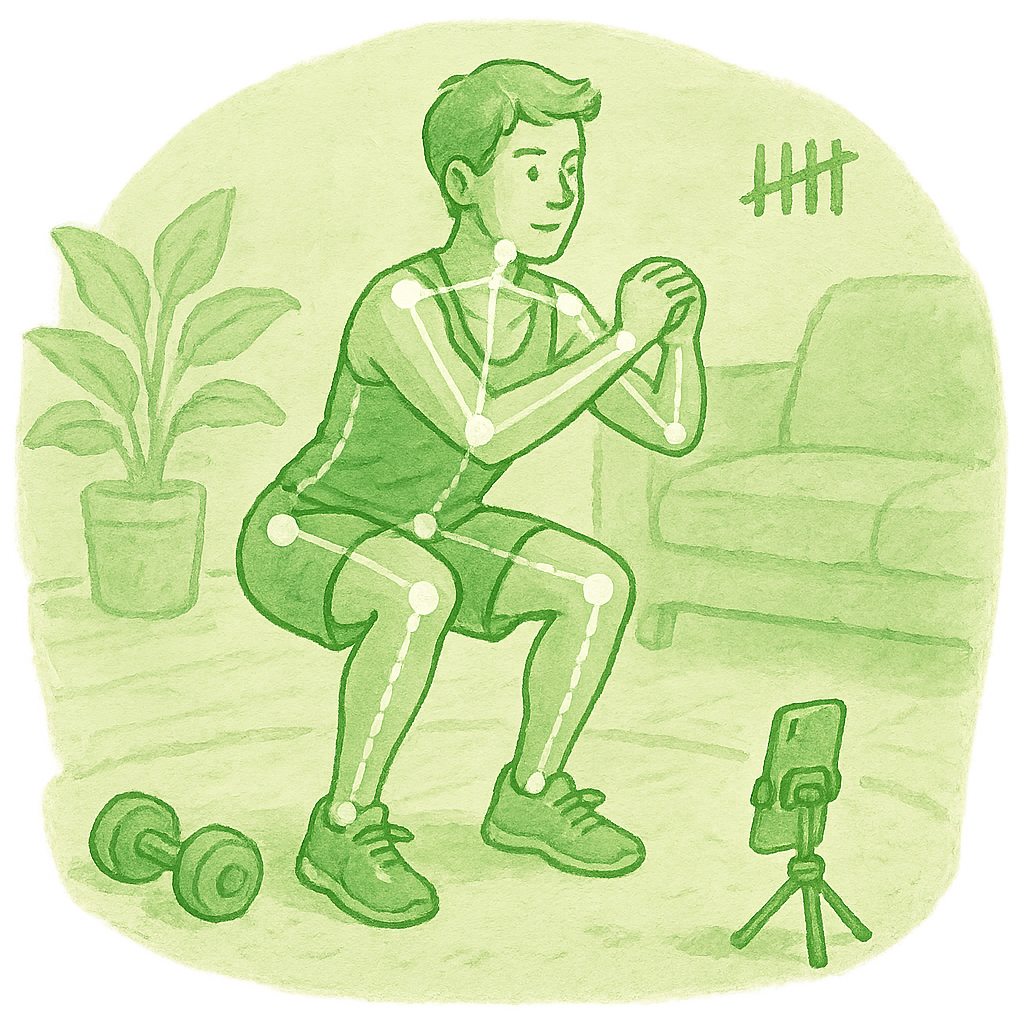 Watercolor of an athlete working out while a phone on a tripod counts their reps