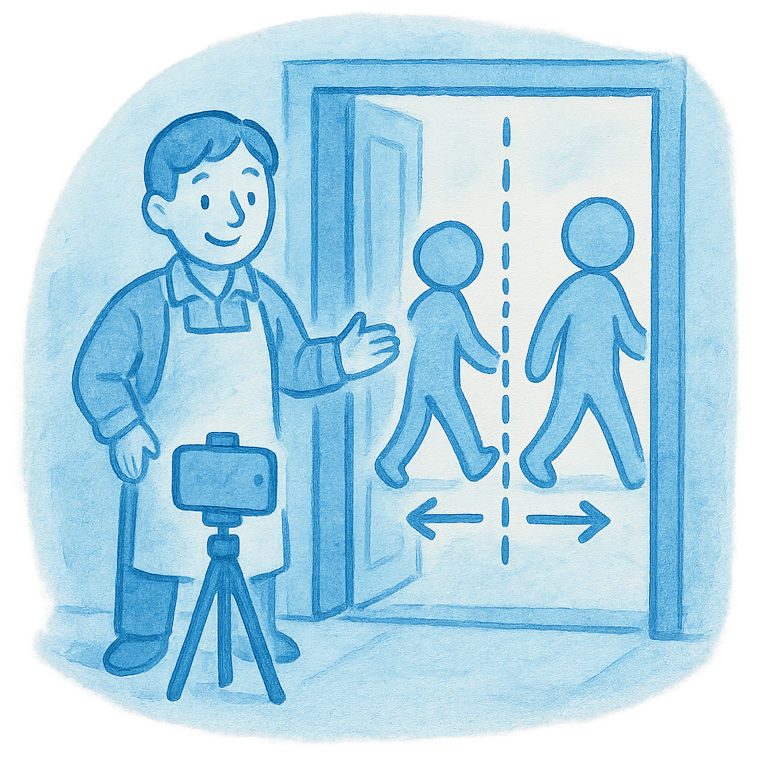 Watercolor of a doorway with a tripwire line counting people entering and exiting while a phone on a tripod watches
