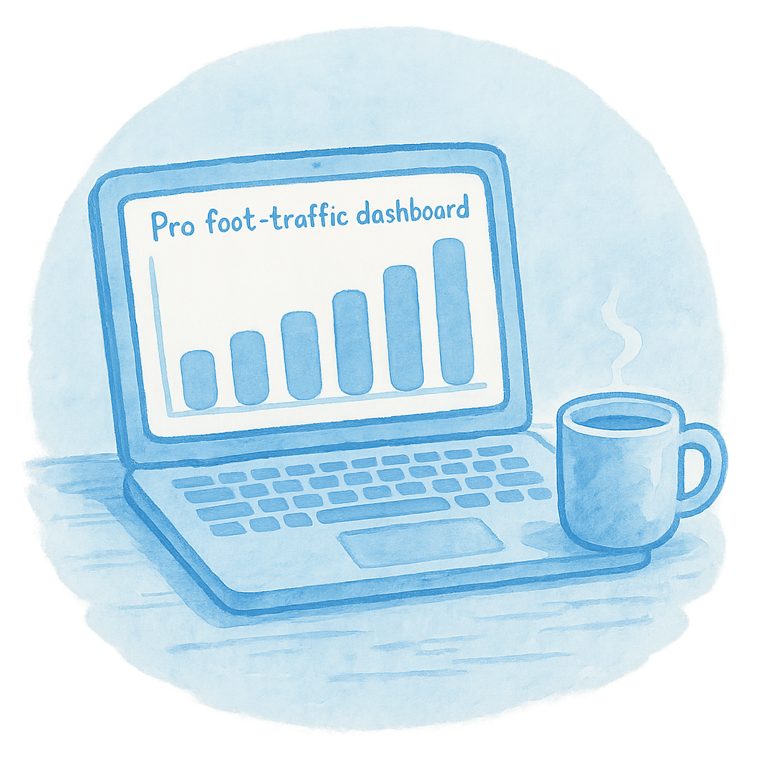 Watercolor of a laptop showing a foot-traffic bar chart