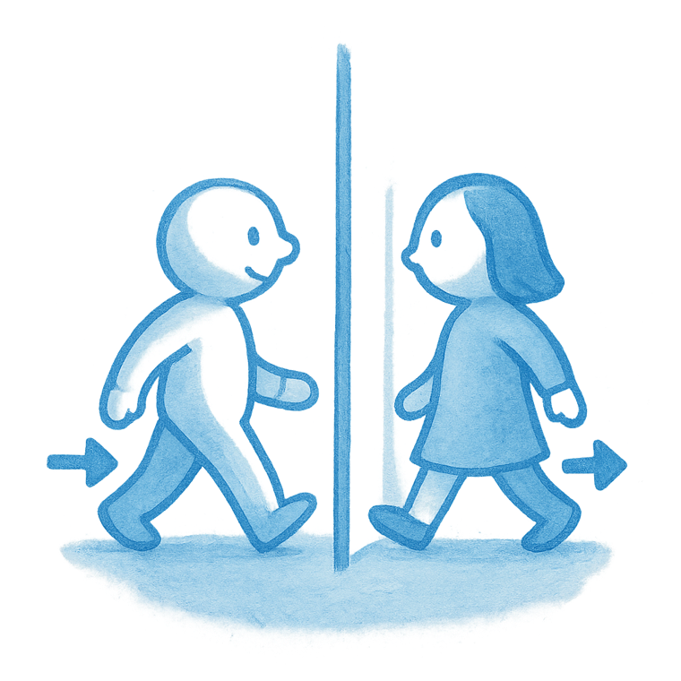 Watercolor of two people crossing a line, one in and one out