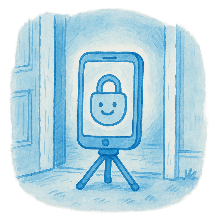 Watercolor of a phone at a doorway with a padlock, video staying on device