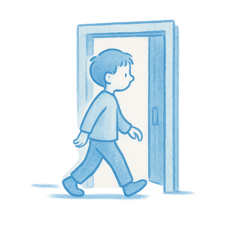 Watercolor of one person walking through a doorway in single file