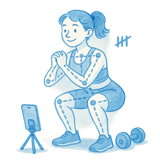 Hand-drawn illustration of a person exercising while a phone on a tripod counts their reps with AI