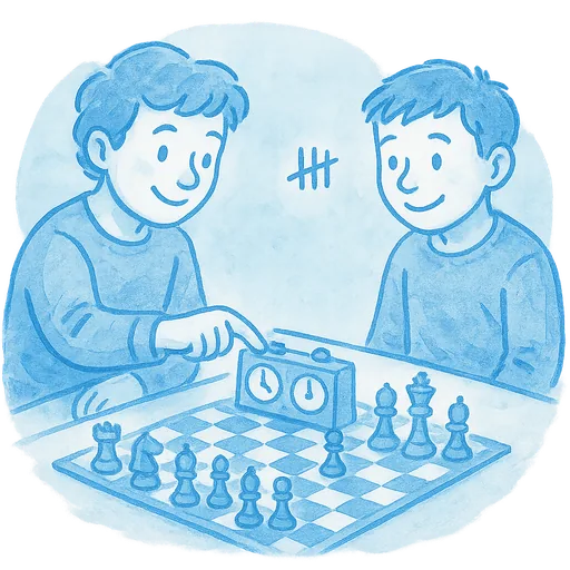 Hand-drawn illustration of two friends playing chess with a game clock