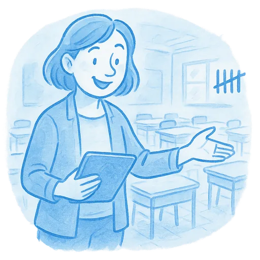 Hand-drawn illustration of a teacher taking attendance on a tablet in a classroom