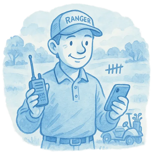Hand-drawn illustration of a golf course ranger tracking pace of play on a phone