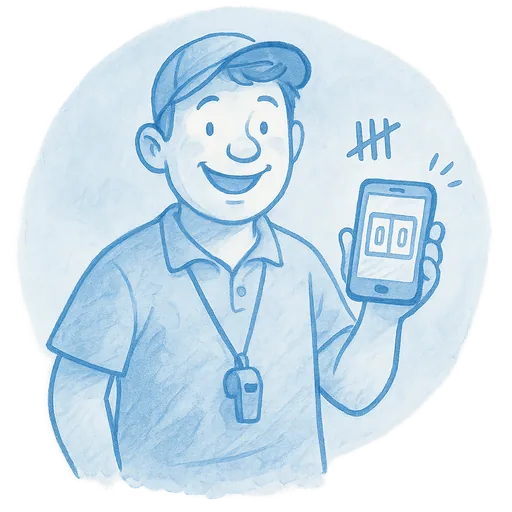 Hand-drawn illustration of a coach on the sideline keeping score on a phone