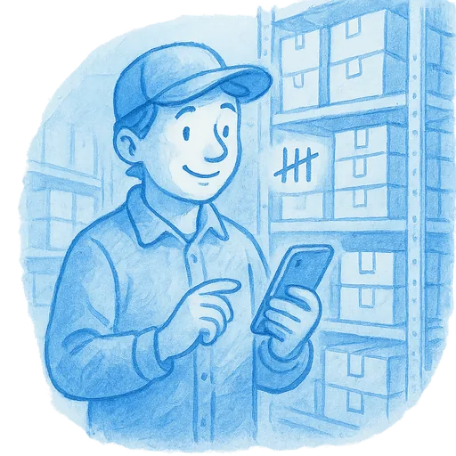 Hand-drawn illustration of a warehouse worker counting boxes on a phone
