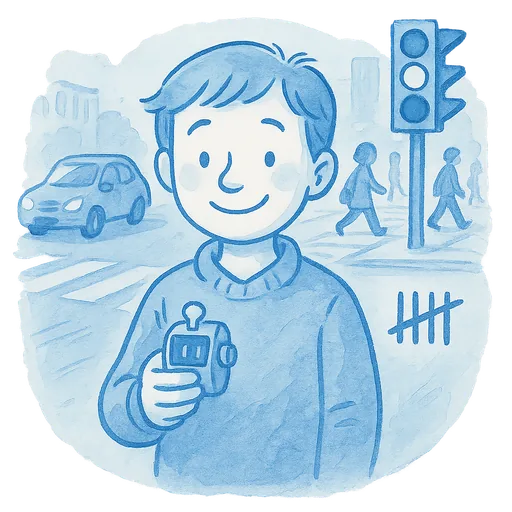 Hand-drawn illustration of a person tallying cars and pedestrians at an intersection