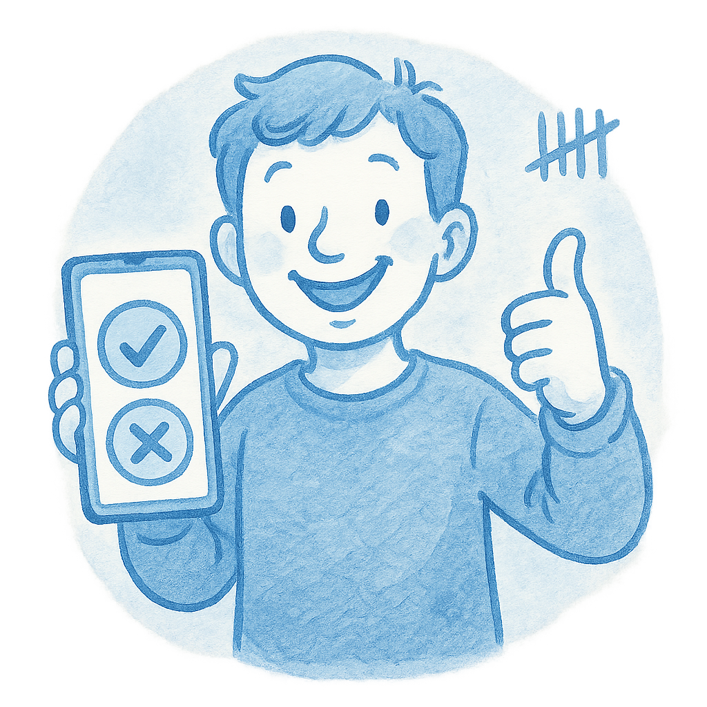 Hand-drawn watercolor illustration of a person casting a yes/no vote on a phone