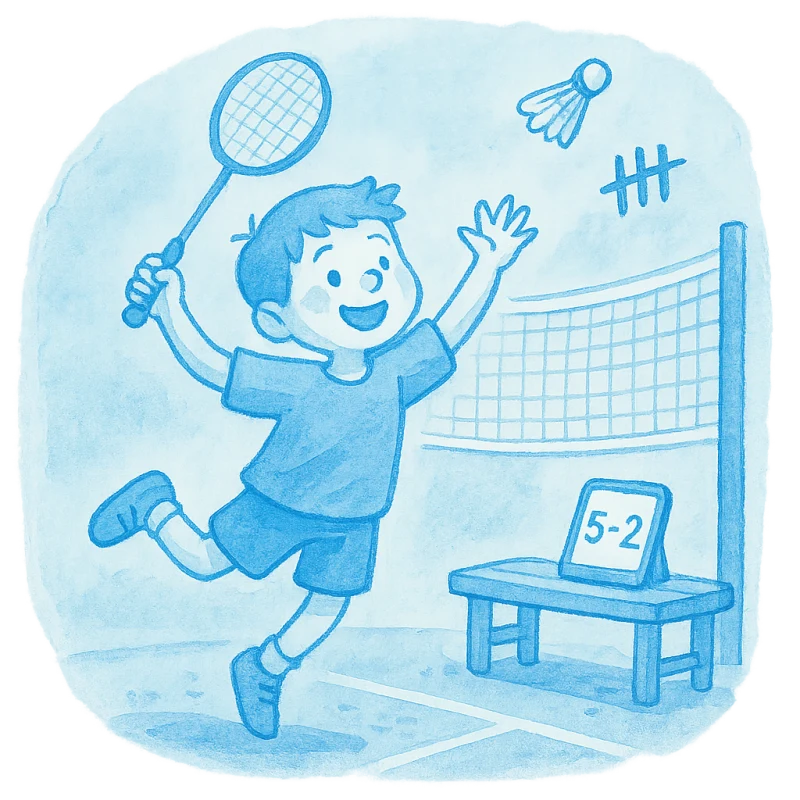 Watercolor illustration of a badminton player leaping for a smash, with a scoreboard on the courtside bench