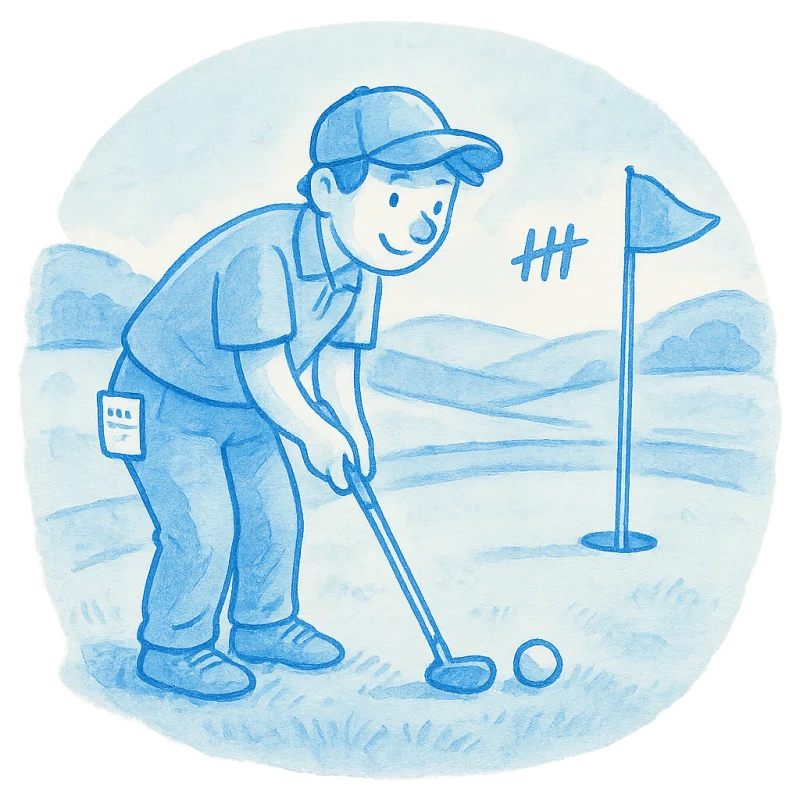 Watercolor illustration of a golfer lining up a putt toward the flag