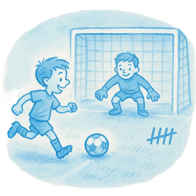 Watercolor illustration of a soccer player taking a penalty kick against a goalkeeper