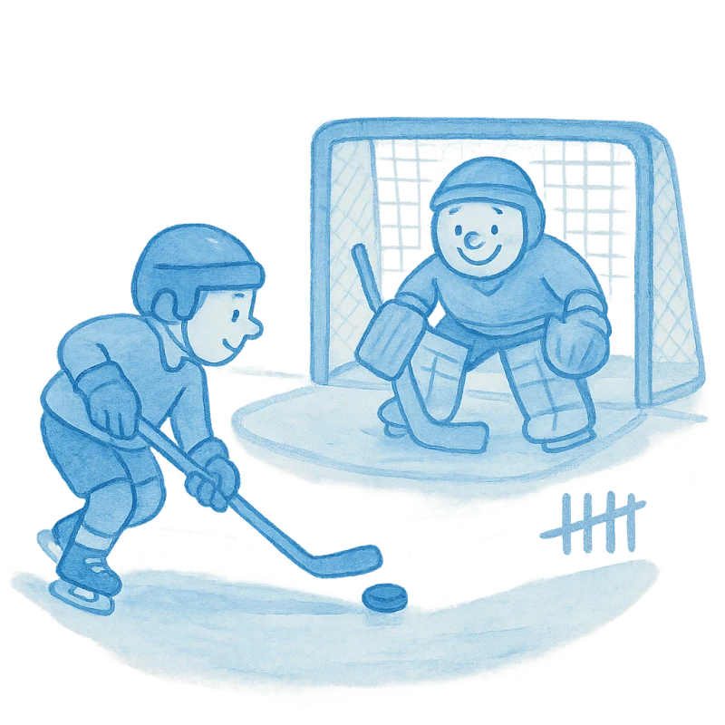 Watercolor illustration of a hockey player taking a penalty shot against a goalie