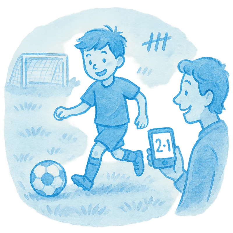 Watercolor illustration of a youth soccer player dribbling while a parent keeps score on a phone