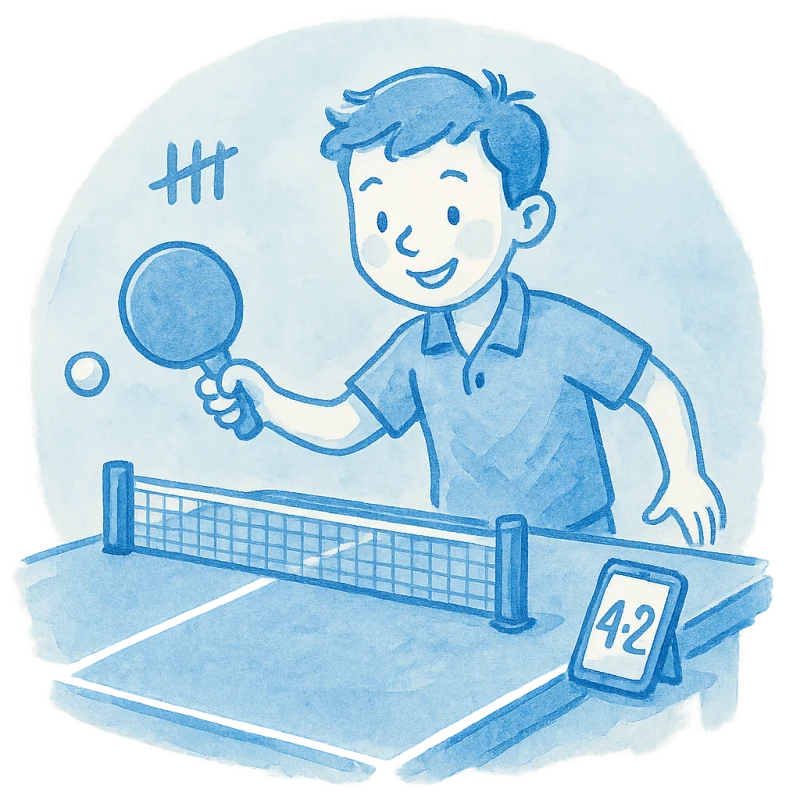Watercolor illustration of a table tennis player returning the ball, with a scoreboard at the end of the table