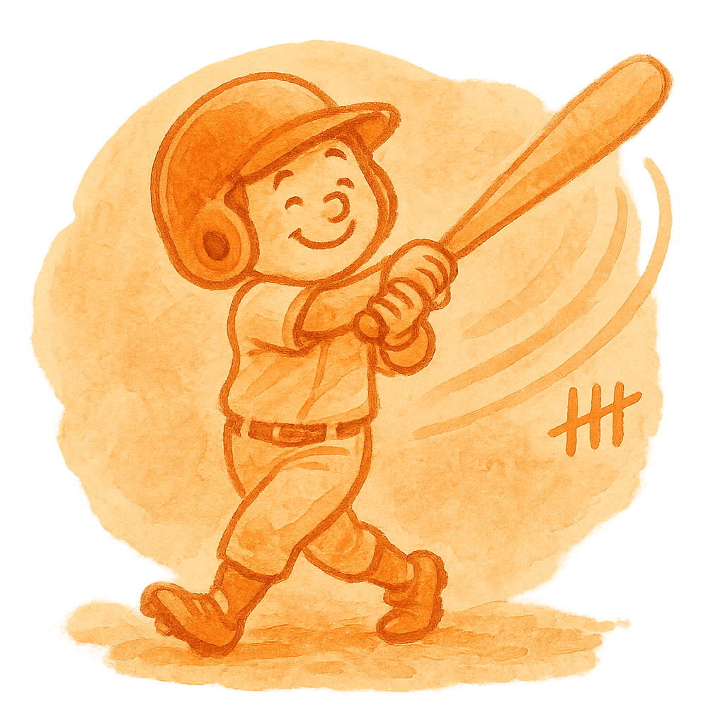 Watercolor of a batter swinging with a tally beside them