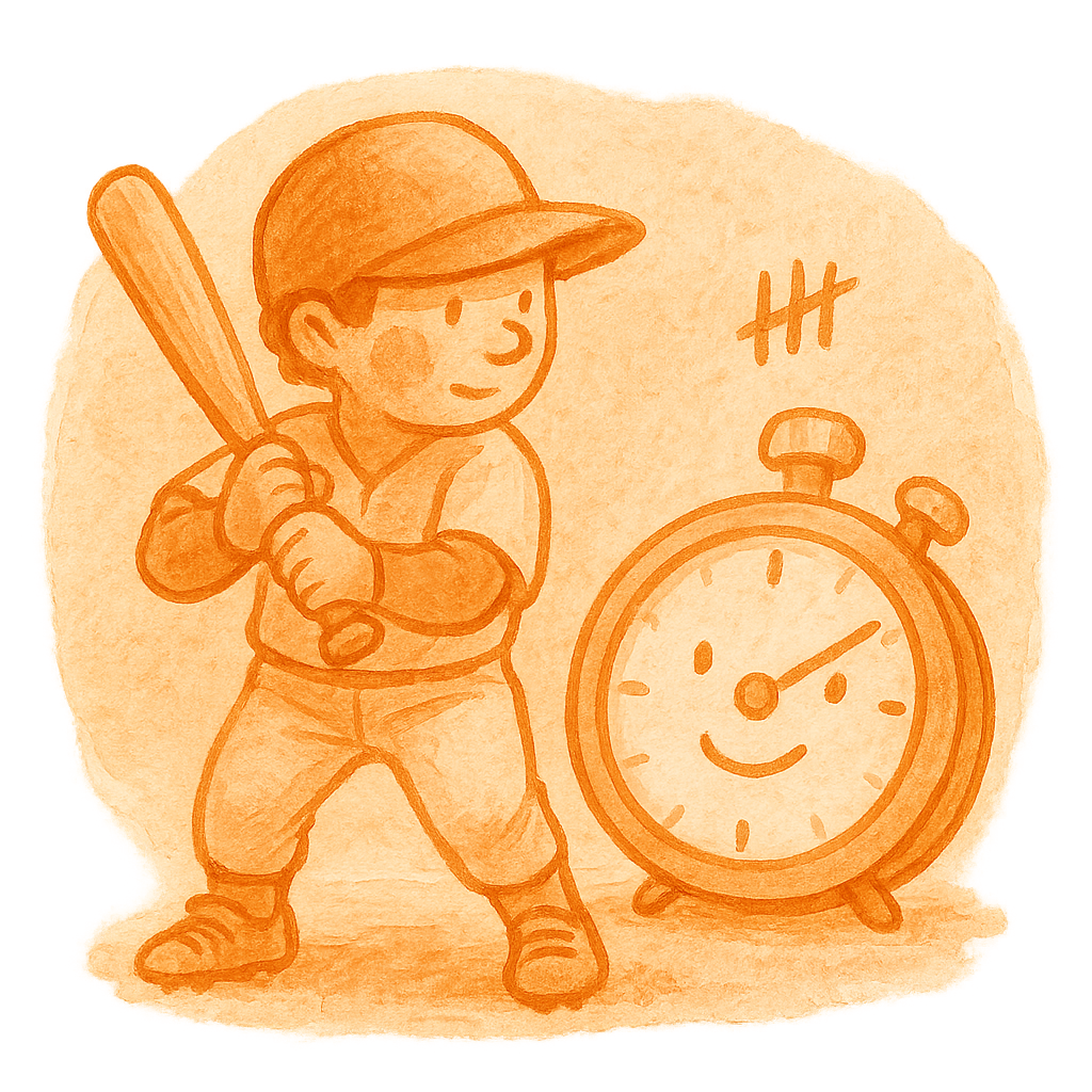 Watercolor of a stopwatch beside a loading batter
