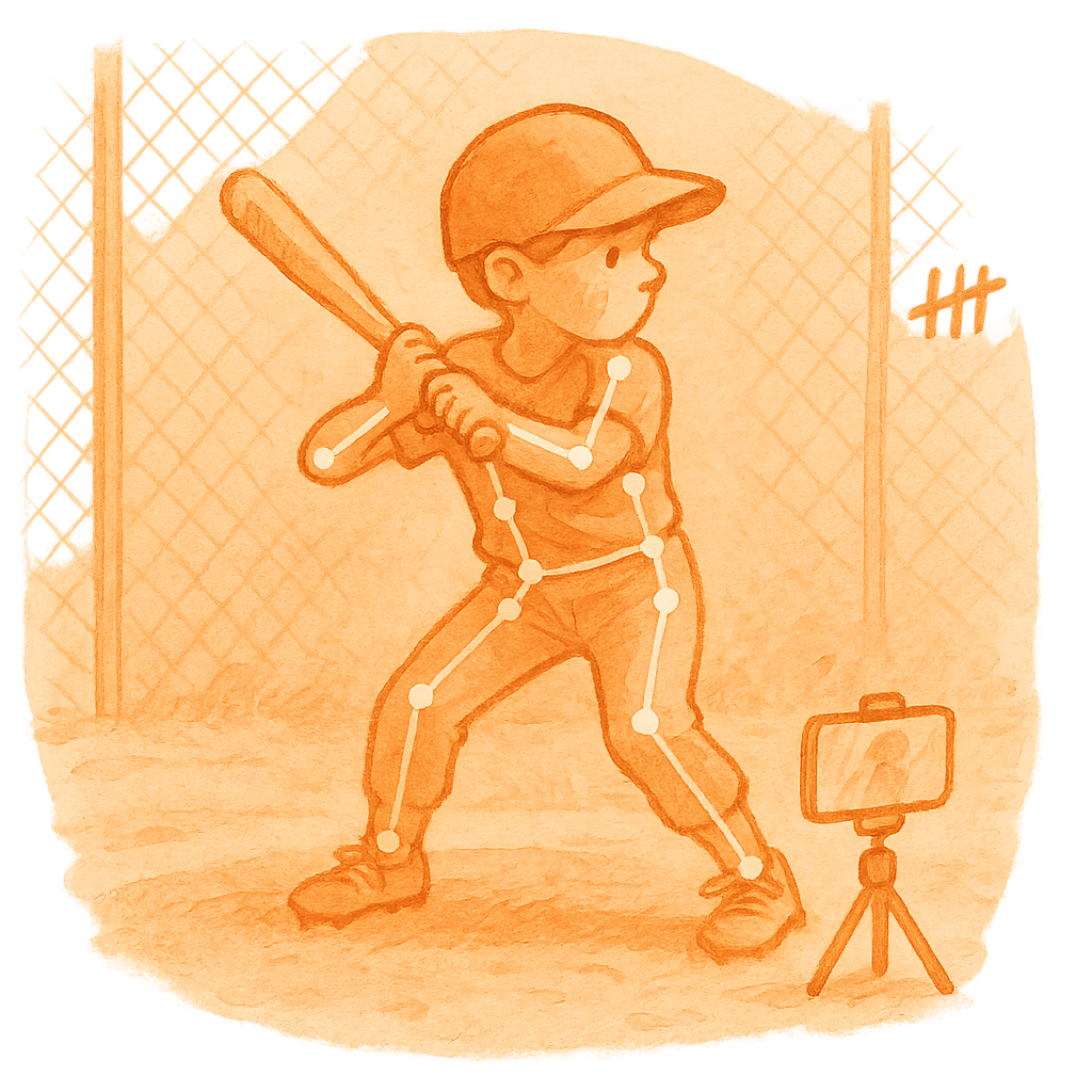 Watercolor illustration of a batter mid-swing with a phone on a tripod tracing their pose