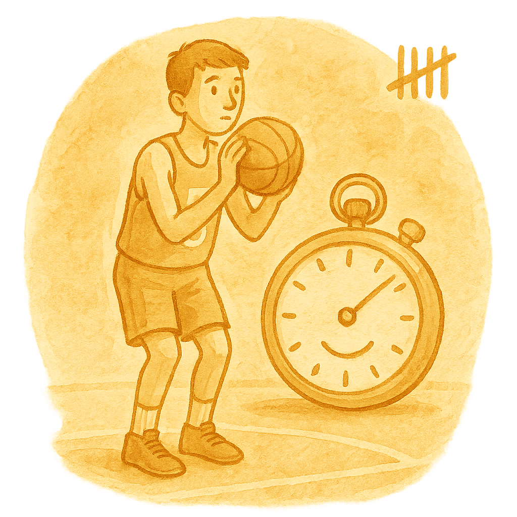 Watercolor of a stopwatch beside a shooter