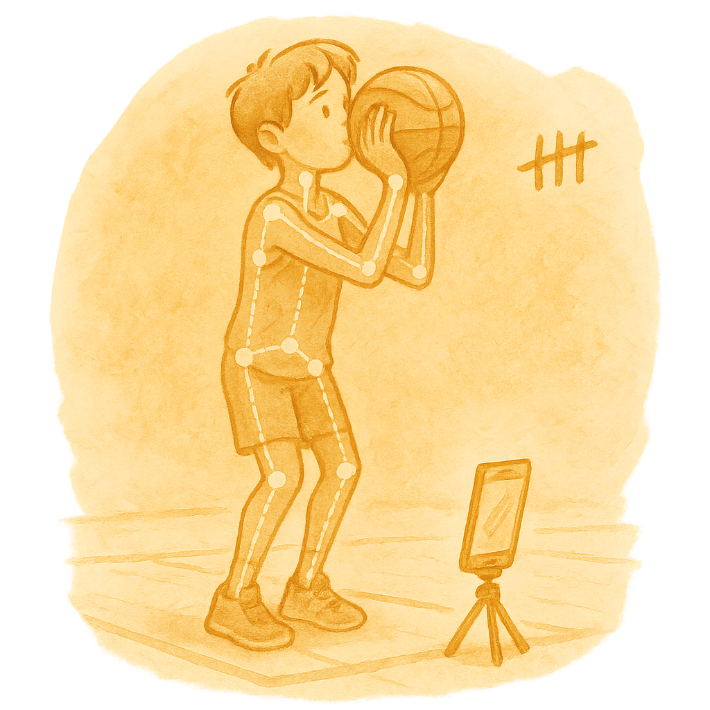 Watercolor illustration of a shooter at the free-throw line with a phone on a tripod tracing their pose